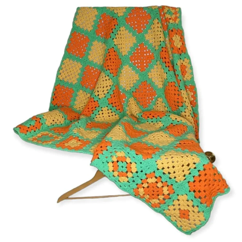 Vintage Green Yellow and Orange Crochet Granny Square Throw